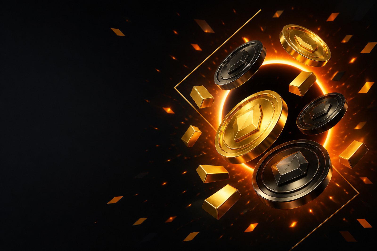 Gold and chrome coins bursting from an orange light ring — illustration for the FreshBet welcome package