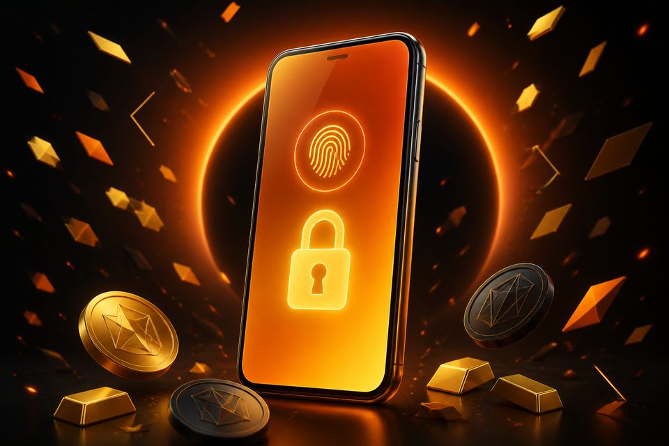 Smartphone with a glowing padlock and fingerprint ring — illustration for FreshBet login and mobile access