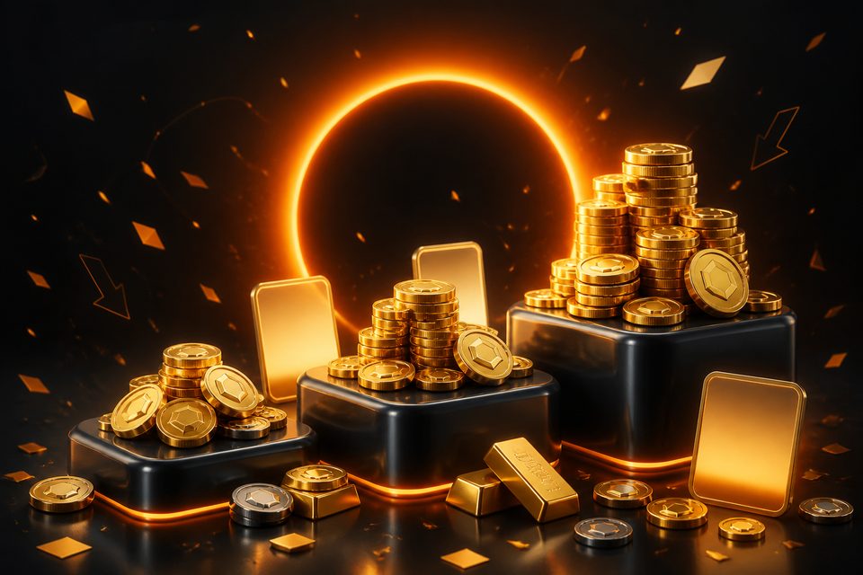 Three rising platforms carrying growing piles of gold coins — illustration for the FreshBet three-deposit welcome package