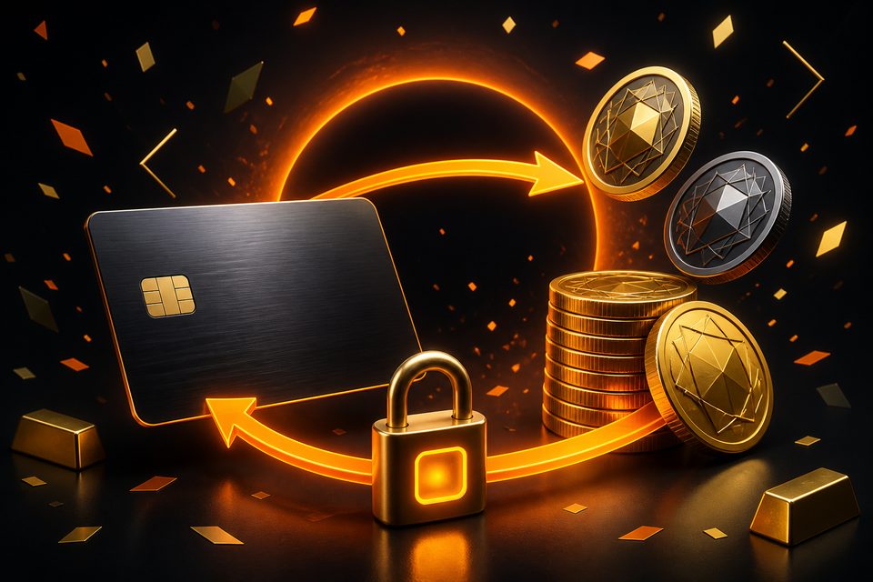 Bank card, gold coins and crypto tokens linked by a glowing arrow loop — illustration for FreshBet deposits and withdrawals