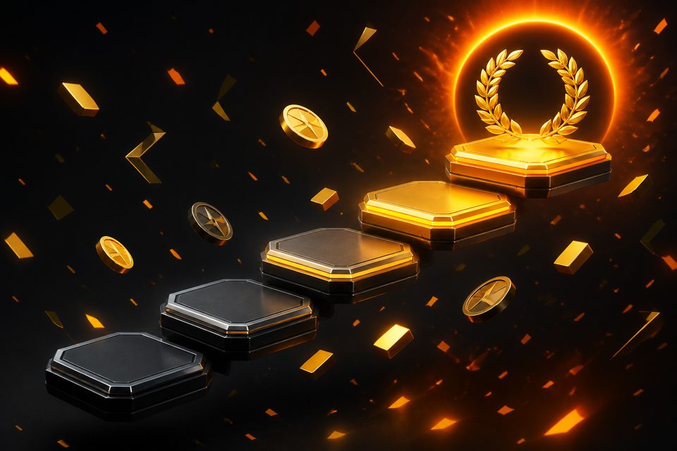 Five rising platforms crowned with a gold laurel ring — illustration for the FreshBet VIP ladder